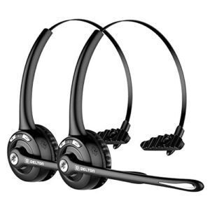 delton 10x trucker bluetooth headset, wireless headphones w/microphone, over the head single earpiece with mic for skype, call centers, truck drivers – 18hrs (2-pack)