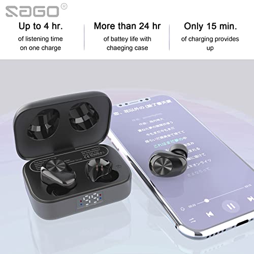 SZSAGO Bluetooth-Wireless-Earbuds W1S True Wireless Earphones with Digital LED Display Charging Case, IPX7 Waterproof, USB C Charging, Stereo Headphones in-Ear Headset,Built-in Mic(Black)