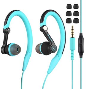 mucro sport headphones wired, over the ear running earbuds for jogging gym workout headphones with microphone for iphone ipod android(blue)