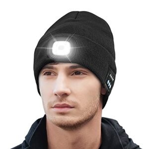 keains gifts for men women dad, unisex bluetooth beanie hat with light,musical knitted cap with headphone and built-in stereo speakers & mic black