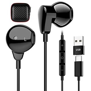usb c headphone with type-c plug, type c earphones + usb adapter, hifi stereo usb headset with mic for laptop, in ear computer headset + volume control for most type c devices & windows pc or mac os x