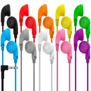 redskypower 10 pack multi color kid’s wired earphone headphones, individually bagged, disposable earphones ideal for students in classroom libraries schools, bulk wholesale