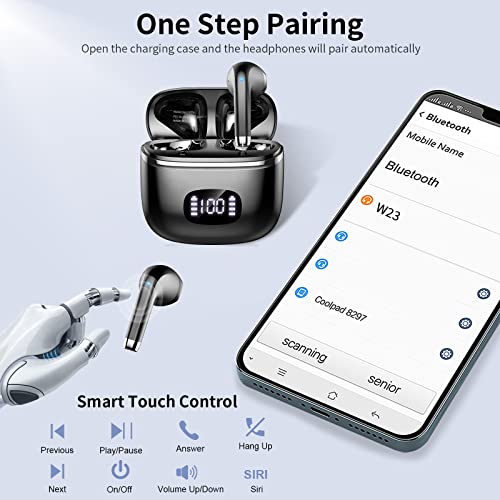 POMUIC Wireless Earbuds V5.3 Bluetooth Headphones 40H Playback with LED Digital Display Charging Case Stereo Sound Earbuds with Mic IPX7 Waterproof Earphones for Cell Phone Computer Laptop Sports