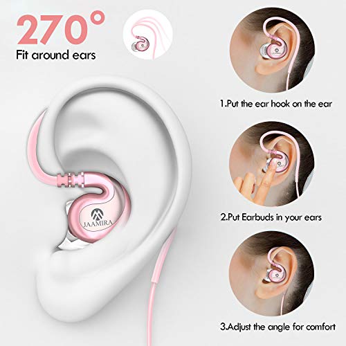 JAAMIRA Sports Wired Earbuds in-Ear Earphones with Microphone &Volume Control -Bass &Noise Isolation Over Ear Headphones with 3.5mm Jack -for Android Phone iPhone Computer Gaming Workout IPX4 Pink