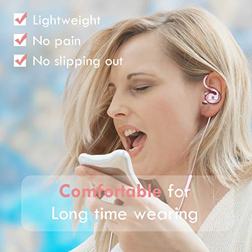 JAAMIRA Sports Wired Earbuds in-Ear Earphones with Microphone &Volume Control -Bass &Noise Isolation Over Ear Headphones with 3.5mm Jack -for Android Phone iPhone Computer Gaming Workout IPX4 Pink