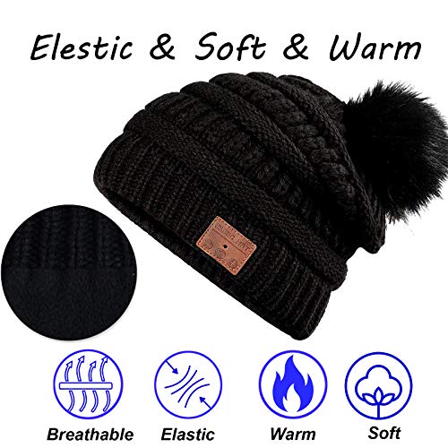 FashionLive Wireless Beanie Music Hat for Women Girls Upgrade Pompom Musical Headphone Stereo Speaker Hat with Mic Speakerphone Knit Pom Beanie Hat Warm Black