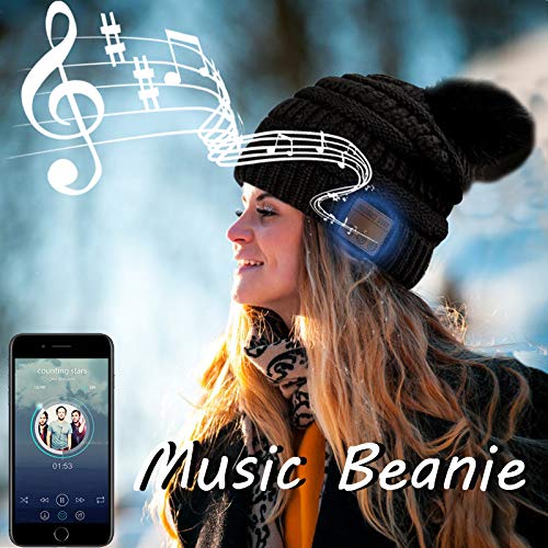 FashionLive Wireless Beanie Music Hat for Women Girls Upgrade Pompom Musical Headphone Stereo Speaker Hat with Mic Speakerphone Knit Pom Beanie Hat Warm Black