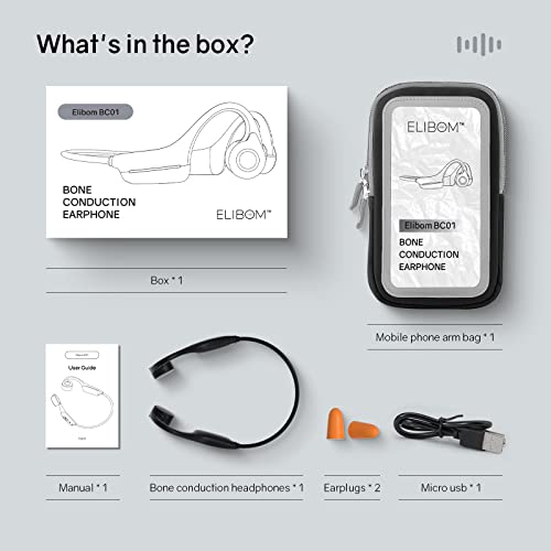 ELIBOM Bone Conduction Headphones, Waterproof Open-Ear Headphones, 9+Hours Music & Call, Wireless Bluetooth Earphones with mic, 25g Sports Headset, Arm Bag Included