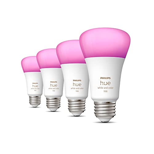 Philips Hue 4-Pack White and Color A19 Medium Lumen Smart Bulb, 1100 Lumens, Bluetooth & Zigbee Compatible (Hue Hub Optional), Compatible with Alexa & Google Assistant