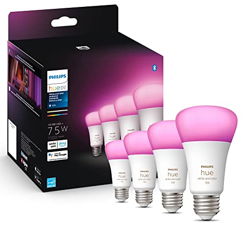 Philips Hue 4-Pack White and Color A19 Medium Lumen Smart Bulb, 1100 Lumens, Bluetooth & Zigbee Compatible (Hue Hub Optional), Compatible with Alexa & Google Assistant