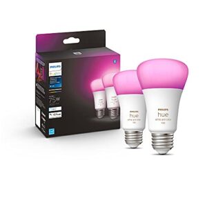 philips hue white and color ambiance a19 medium lumen smart bulb, 1100 lumens, bluetooth & zigbee compatible (hue hub optional), works with alexa & google assistant, 2 bulbs