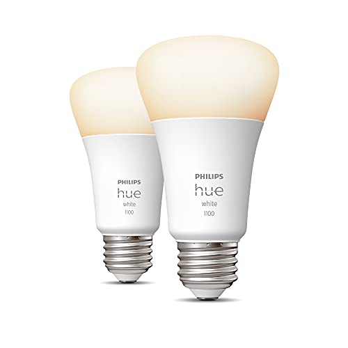 Philips Hue 2-Pack White A19 Medium Lumen Smart Bulb, 1100 Lumens, Bluetooth & Zigbee Compatible (Hue Hub Optional), Compatible with Alexa & Google Assistant, White, 2 Bulbs (563049)