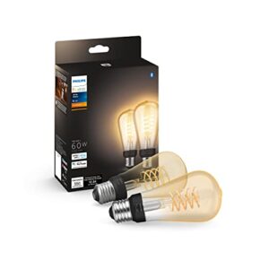 philips hue 2-pack dimmable warm white vintage smart st19 edison bulb, bluetooth & hub compatible (hue hub optional), voice activated with alexa, google assistant, and homekit