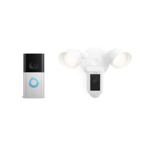 ring video doorbell 4 (2021 release) with ring floodlight cam wired plus, white (2021 release)