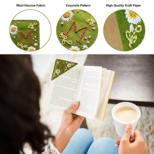 4 Pcs Embroidered Bookmark, Felt Triangle Page Stitched Corner Handmade Bookmark, Cute Flower Letter Embroidery Bookmarks, for Book Reading Lovers Meaningful Gift