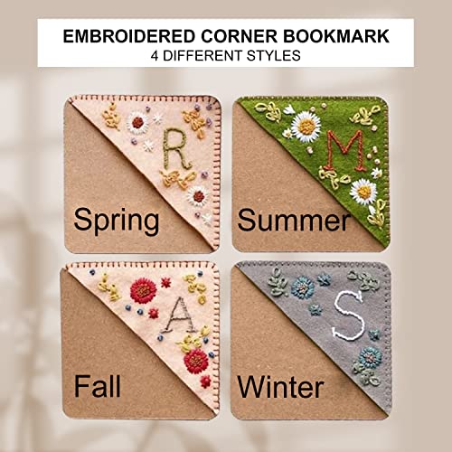 4 Pcs Embroidered Bookmark, Felt Triangle Page Stitched Corner Handmade Bookmark, Cute Flower Letter Embroidery Bookmarks, for Book Reading Lovers Meaningful Gift