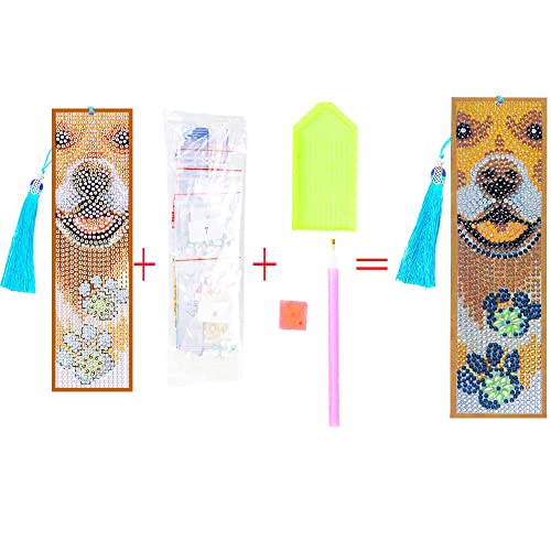 Diamond Painting Bookmark Set Tassel Bookmark Art Craft 5D Shaped Crystal Rhinestone Bookmark Children Adult Beginner Student Gift Diamond Painting Adult Number Kit (Dog)