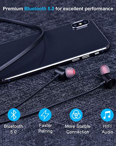 NANAMI Bluetooth Earbuds, 5.0 Bluetooth Wireless Headphones, IPX7 Waterproof, in-Ear Earphones with Mic, HiFi Stereo Deep Bass Headsets, Magnetic Neckband, 15 Hours Playtime for Gym (Black with Red)