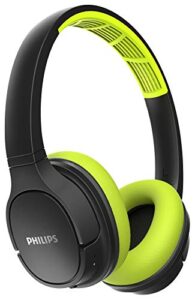 philips actionfit sh402 wireless bluetooth headphones, ipx4 splash-resistance, up to 20 hours of play time, echo cancellation, quick charge, smart pairing and cooling earcups – black/green (tash402lf)