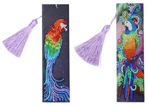 Parrot Diamond Painting Bookmark - pigpigboss 2 Sets Bookmark Diamond Painting Kit Bookmark Diamond Painting with Tassel Parrot Diamond Dots Arts Crafts Kit Bookmark for Adult Kids (21 x 6 cm)
