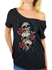 awkwardstyles three sugar skulls with roses off shoulder tops t-shirt + sticker gift black xl