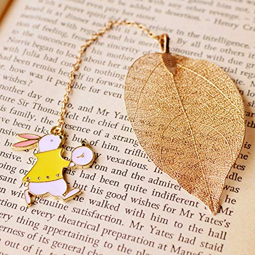 Metal Bookmarks, Buery Handmade Bookmark Cute Leaf Vein Bookmarks with Rabbit Pendant, Golden Bookmark Gift for Kids Adults Bookworms (Rabbit)