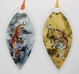 lucore tiger painting leaf bookmarks -made of real leaves – 2 pcs lucky charm, ornament, hanging & wall decor, art decoration