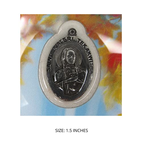 Religious Bookmark and Silver Tone Pendant Medal Catholic Keepsake Gift Set for Reading Lovers, Patron Saint of Ecology St Kateri Tekakwitha Bible Scripture Page Tracker and Prayer Card