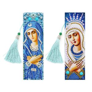 2pack diy diamond bookmarks leather tassel diamond art bookmark for adults and kids(8.27x2.37″in)(religious virgin mary)