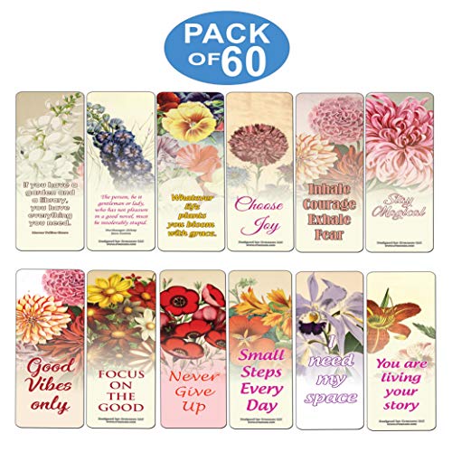 Creanoso Pretty Flower Inspirational Sayings Bookmarks (60-Pack) – Inspiring Inspirational Sayings Bookmarker Cards – Premium Stocking Stuffer Gift for Men, Women, Teens, Bookworms