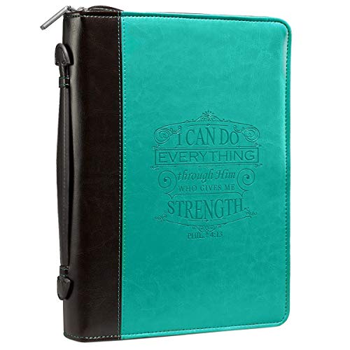 Christian Art Gifts Turquoise Faux Leather Bible Cover for Women I Can Do Everything - Philippians 4:13 Zippered Case for Bible or Book w/Handle, Medium