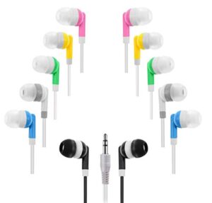 deal maniac 50 pack multi color kid’s wired earbud headphones, disposable earbuds, individually bagged, perfect for students in classroom libraries schools, bulk wholesale