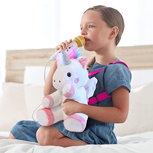 Singing Machine Kids Presents The Sing Along Crew Speaker & Microphone Plush, Karaoke Backpack with Songs, Sound Effects & Recording, Uni Queen, White and Pink (SMK012)