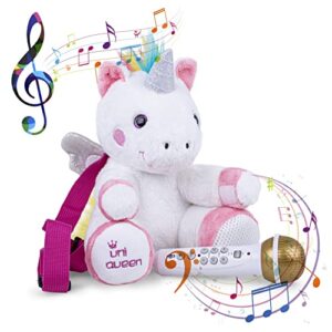 Singing Machine Kids Presents The Sing Along Crew Speaker & Microphone Plush, Karaoke Backpack with Songs, Sound Effects & Recording, Uni Queen, White and Pink (SMK012)