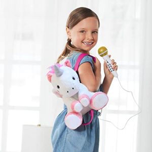 Singing Machine Kids Presents The Sing Along Crew Speaker & Microphone Plush, Karaoke Backpack with Songs, Sound Effects & Recording, Uni Queen, White and Pink (SMK012)