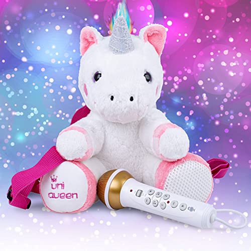 Singing Machine Kids Presents The Sing Along Crew Speaker & Microphone Plush, Karaoke Backpack with Songs, Sound Effects & Recording, Uni Queen, White and Pink (SMK012)