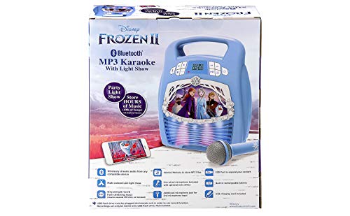 Frozen 2 Bluetooth Portable MP3 Karaoke Machine Player with Light Show Store Hours of Music with Built in Memory Sing Along Using The Real Working Microphone USB Port to Expand Your Content