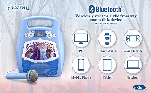 Frozen 2 Bluetooth Portable MP3 Karaoke Machine Player with Light Show Store Hours of Music with Built in Memory Sing Along Using The Real Working Microphone USB Port to Expand Your Content