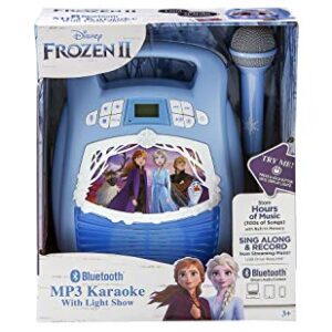 Frozen 2 Bluetooth Portable MP3 Karaoke Machine Player with Light Show Store Hours of Music with Built in Memory Sing Along Using The Real Working Microphone USB Port to Expand Your Content