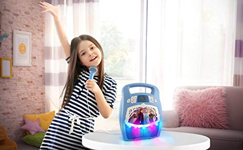 Frozen 2 Bluetooth Portable MP3 Karaoke Machine Player with Light Show Store Hours of Music with Built in Memory Sing Along Using The Real Working Microphone USB Port to Expand Your Content