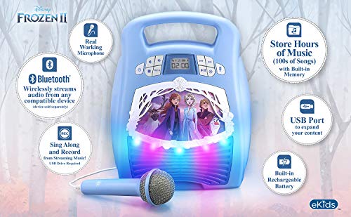 Frozen 2 Bluetooth Portable MP3 Karaoke Machine Player with Light Show Store Hours of Music with Built in Memory Sing Along Using The Real Working Microphone USB Port to Expand Your Content