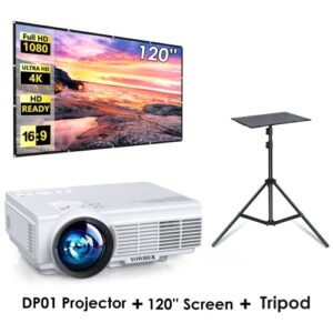 yowhick dp01 projector, 120″ projector screen and projector tripod stand bundle