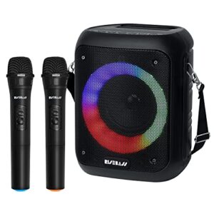 risebass portable karaoke machine with 2 wireless microphones – bluetooth rechargeable speaker with usb/sd/tf card support, aux-in, tripod screw mount and phone slot.