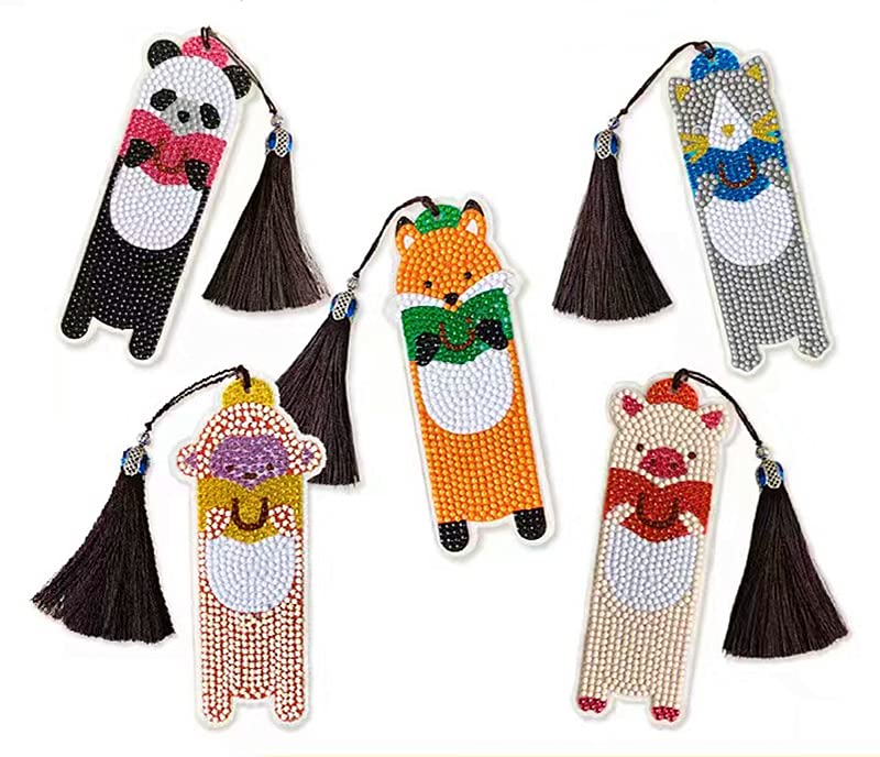 Diamond Painting Bookmark Animals, DIY Diamond Art Acrylic Bookmark with Tassel, Bear Diamond Bookmark Kit for Kids Beginner, Beautiful Diamond Art Crafts (5 PCS)