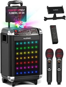 masingo karaoke machine for adults & kids with 2 wireless microphones – portable singing pa speaker system w/two bluetooth mics, party lights, lyrics display holder & tv cable – soprano x1 black