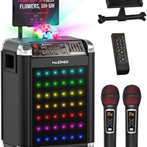 MASINGO Karaoke Machine for Adults & Kids with 2 Wireless Microphones - Portable Singing PA Speaker System w/Two Bluetooth Mics, Party Lights, Lyrics Display Holder & TV Cable - Soprano X1 Black