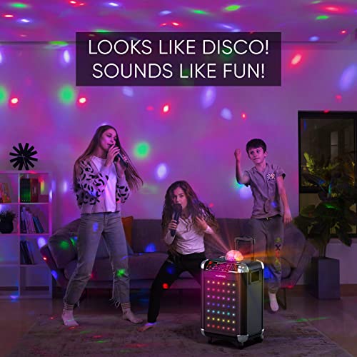 MASINGO Karaoke Machine for Adults & Kids with 2 Wireless Microphones - Portable Singing PA Speaker System w/Two Bluetooth Mics, Party Lights, Lyrics Display Holder & TV Cable - Soprano X1 Black