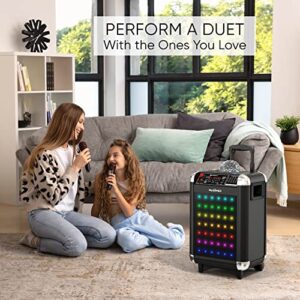 MASINGO Karaoke Machine for Adults & Kids with 2 Wireless Microphones - Portable Singing PA Speaker System w/Two Bluetooth Mics, Party Lights, Lyrics Display Holder & TV Cable - Soprano X1 Black