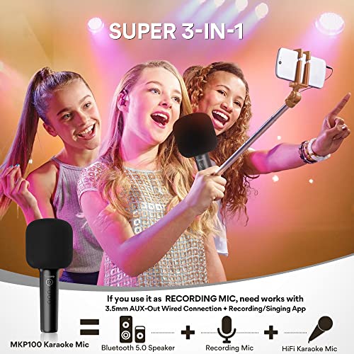 MAONO Bluetooth Karaoke Microphone for Kids, MKP100 Portable 3 in 1 Wireless Handheld Mic with Speaker and Recording for Smartphones,Computers, Car Kids,Party,Gift to Family and Friends(Black)