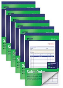 large sales order books, 6 pack, 2-part carbonless (white/canary yellow), 5-7/16 x 8-7/16 inches, by better office products, 50 sets per book, 300 total sets, 6 books